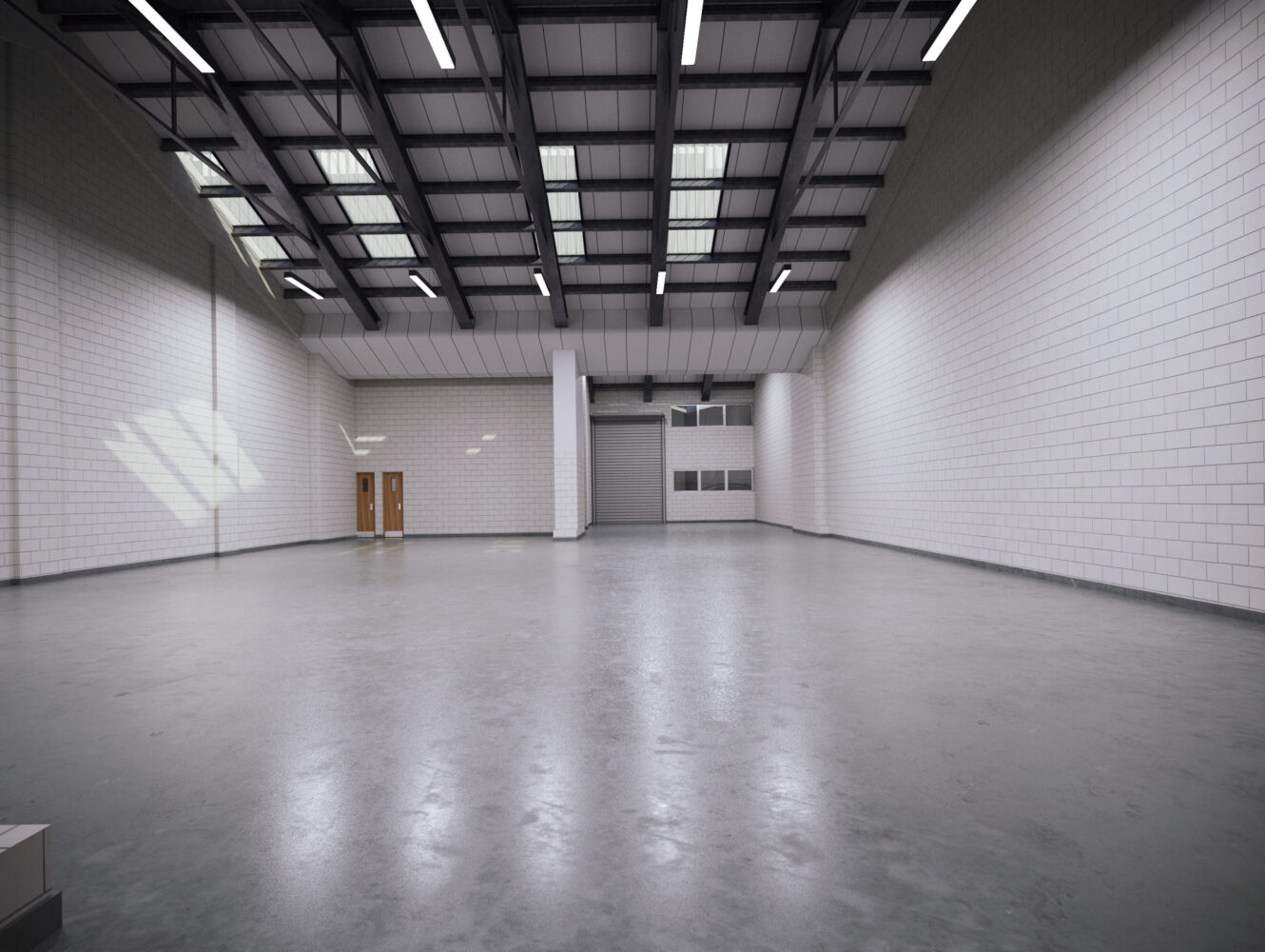 Empty industrial warehouse with white brick walls, a smooth concrete floor, high ceilings, fluorescent lights, windows, and double wooden doors on the left.