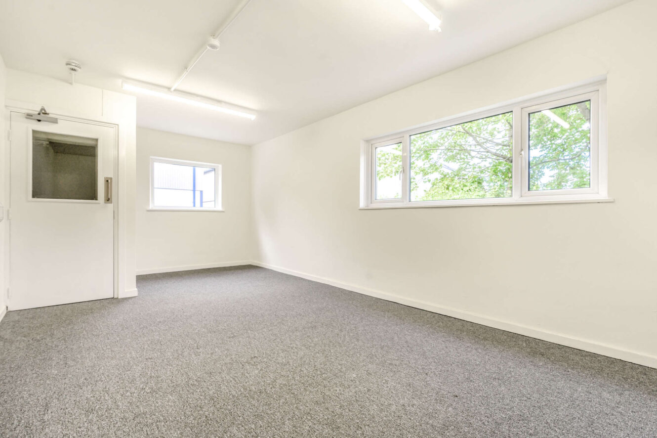 Empty, unfurnished room with white walls, grey carpet, fluorescent ceiling lights, two windows, and a closed door. Natural light enters through the windows.
