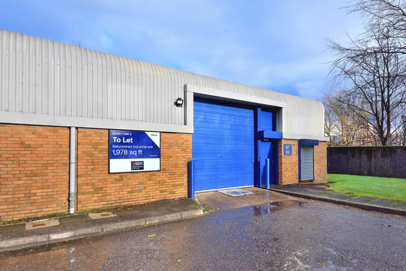 Single-story industrial unit with a blue roller shutter door, brick facade, and To Let sign displaying 1,978 sq ft. Wet pavement and cloudy sky visible in the scene.