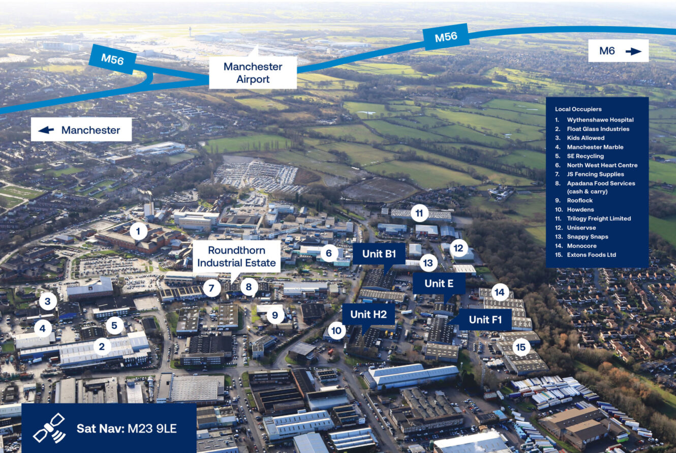 Aerial view of Roundthorn Industrial Estate in Manchester with key units and nearby landmarks, including Manchester Airport and hospitals, labeled for orientation.