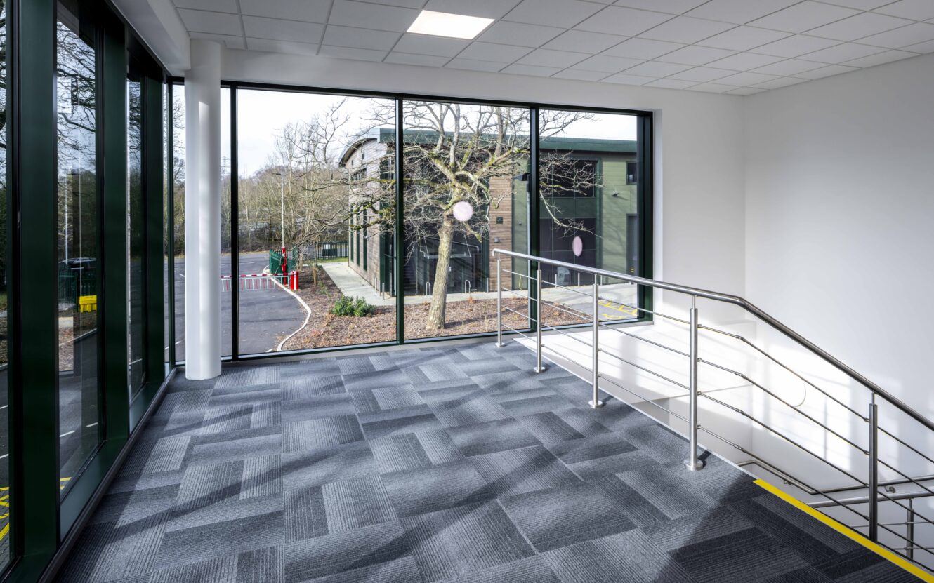 Large window overlooking a parking lot and trees from inside a modern building with patterned carpet, white walls, and a metal handrail next to a ramp.