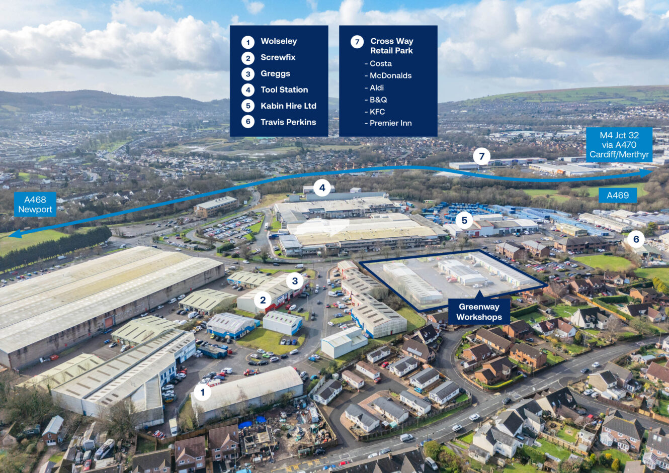 Aerial view of an industrial estate with numbered locations and labels for businesses, nearby roads, and landmarks, including Greenway Workshops and a retail park.