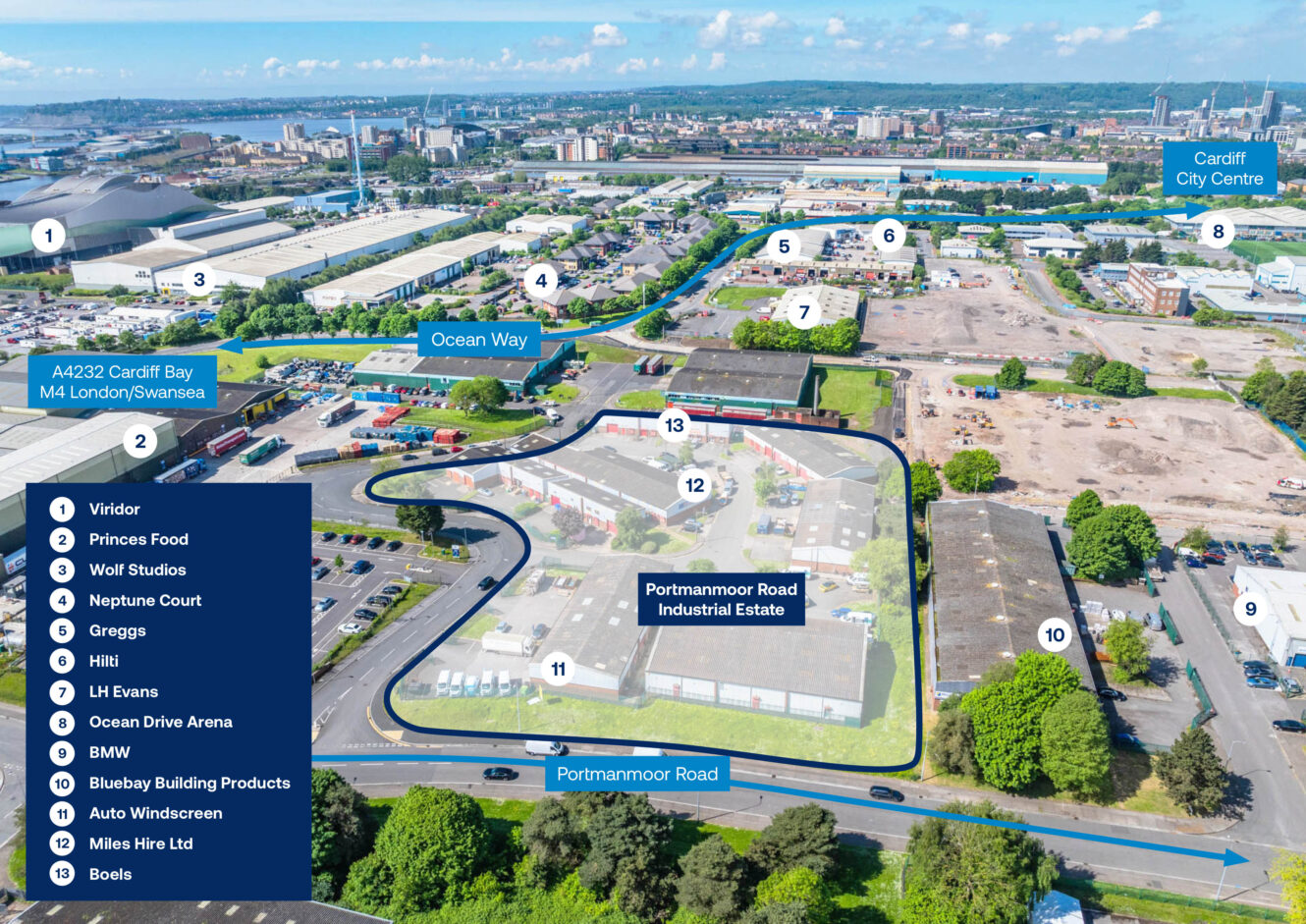Aerial view of Portmanmoor Road Industrial Estate with labeled businesses and locations, nearby roads, and Cardiff city landmarks identified.