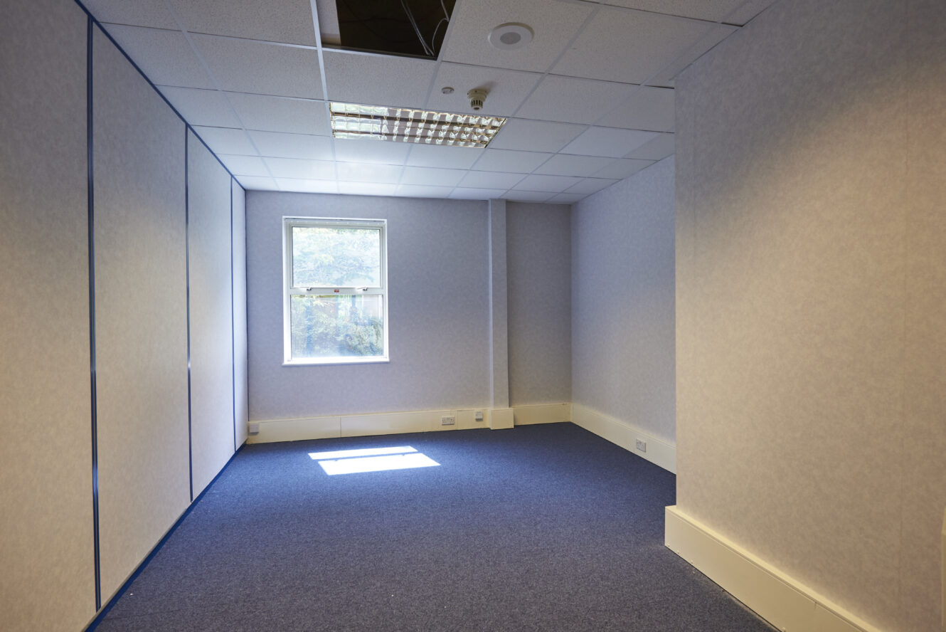 Empty office room with blue carpet, light-colored walls, a single window, and a ceiling with a missing tile and exposed wiring. Sunlight enters through the window, casting a patch on the floor.