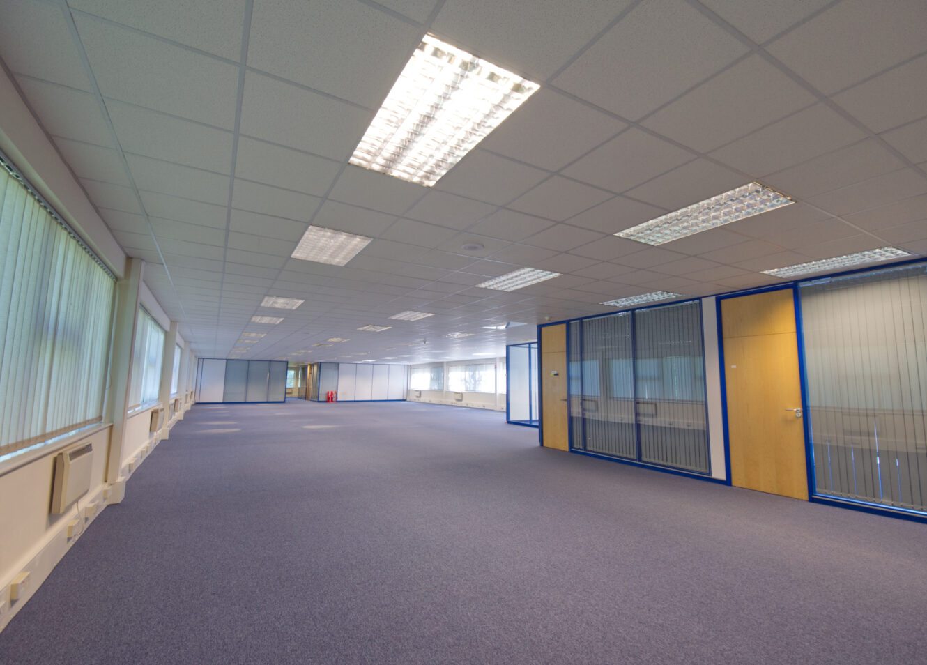 Large, empty office space with blue carpet, fluorescent ceiling lights, glass-partitioned rooms, and windows along the left wall.