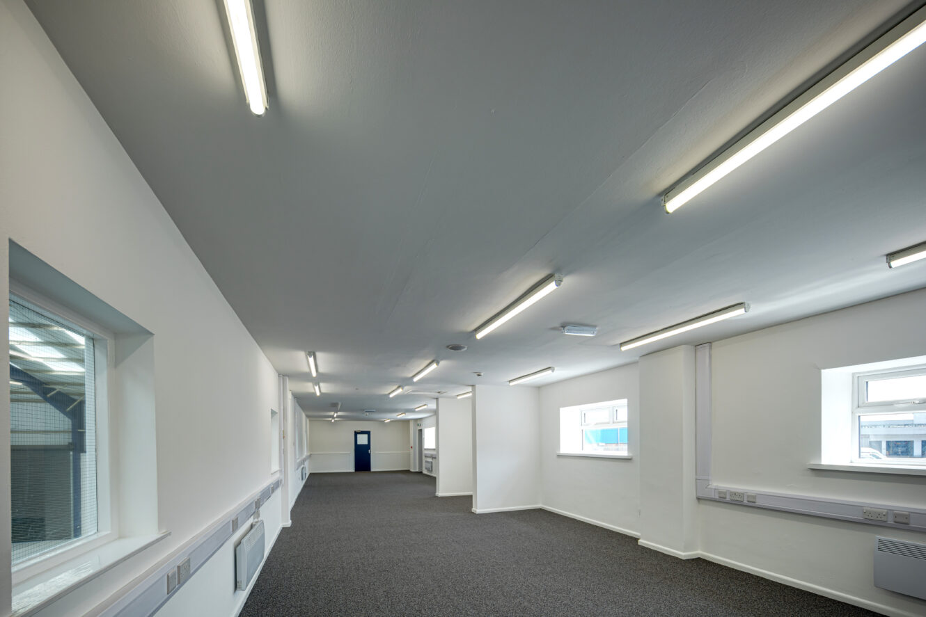 Empty office space with white walls, gray carpet, fluorescent ceiling lights, and multiple windows letting in natural light.