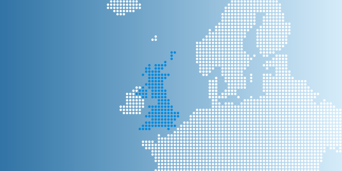 A dotted map highlighting the Netherlands in blue among white dots representing parts of northwestern Europe.