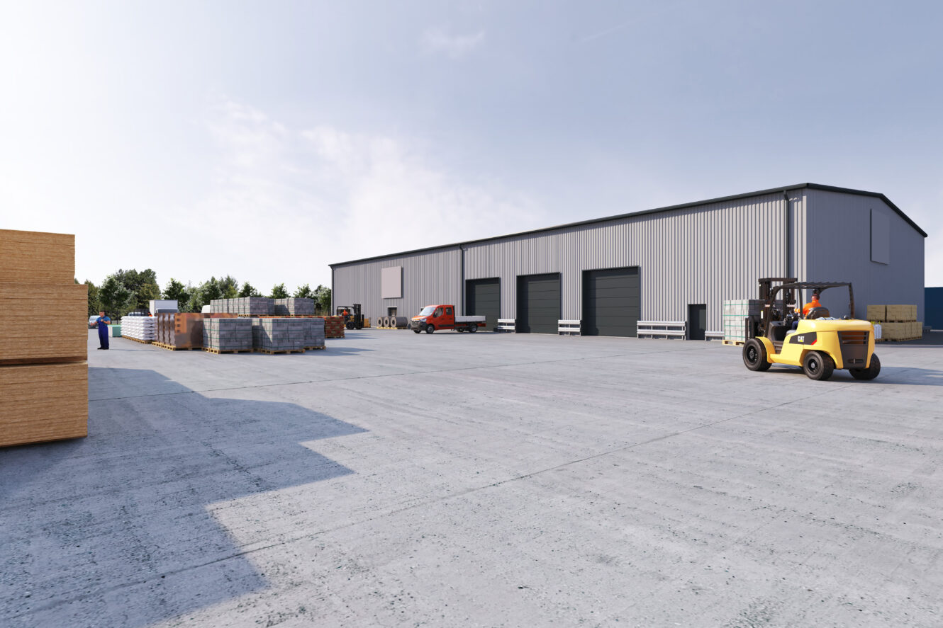 A forklift drives near stacked pallets and lumber outside a large industrial warehouse with multiple garage doors on a clear day.