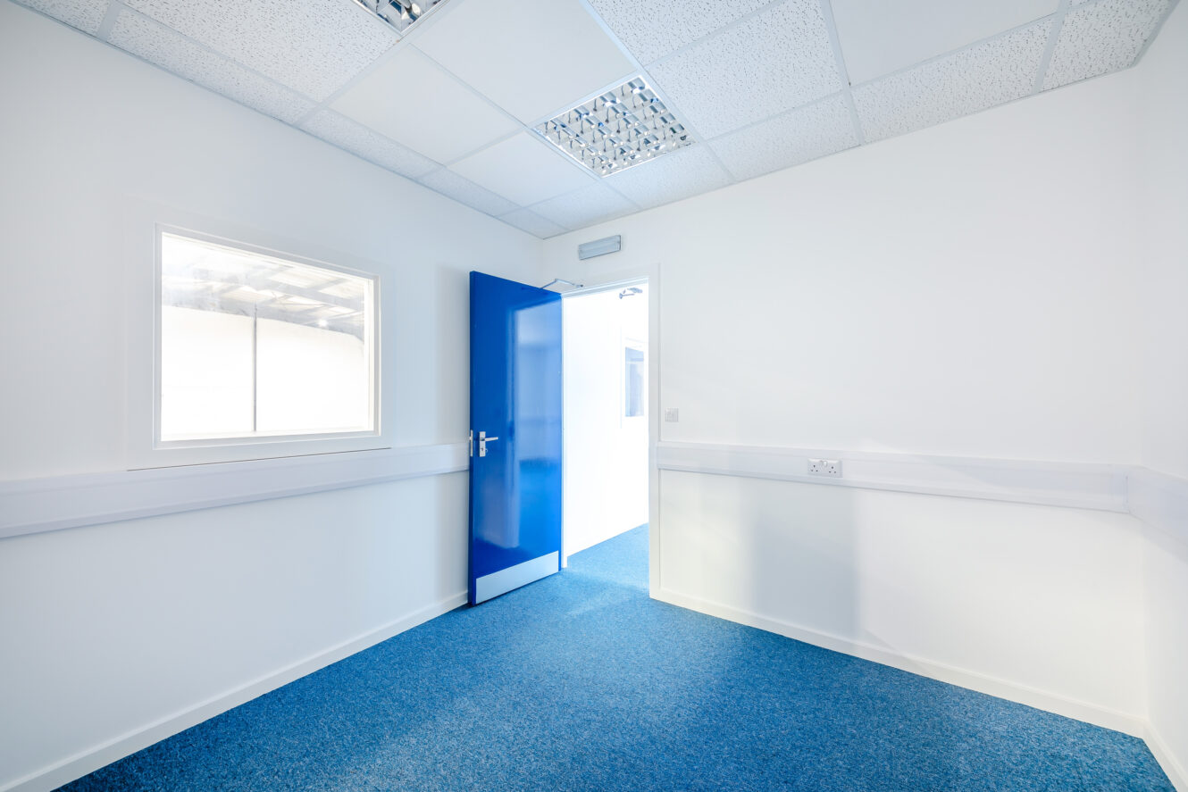 Empty, clean white room with blue carpet, a window on one wall, and an open blue door leading to a brightly lit hallway.