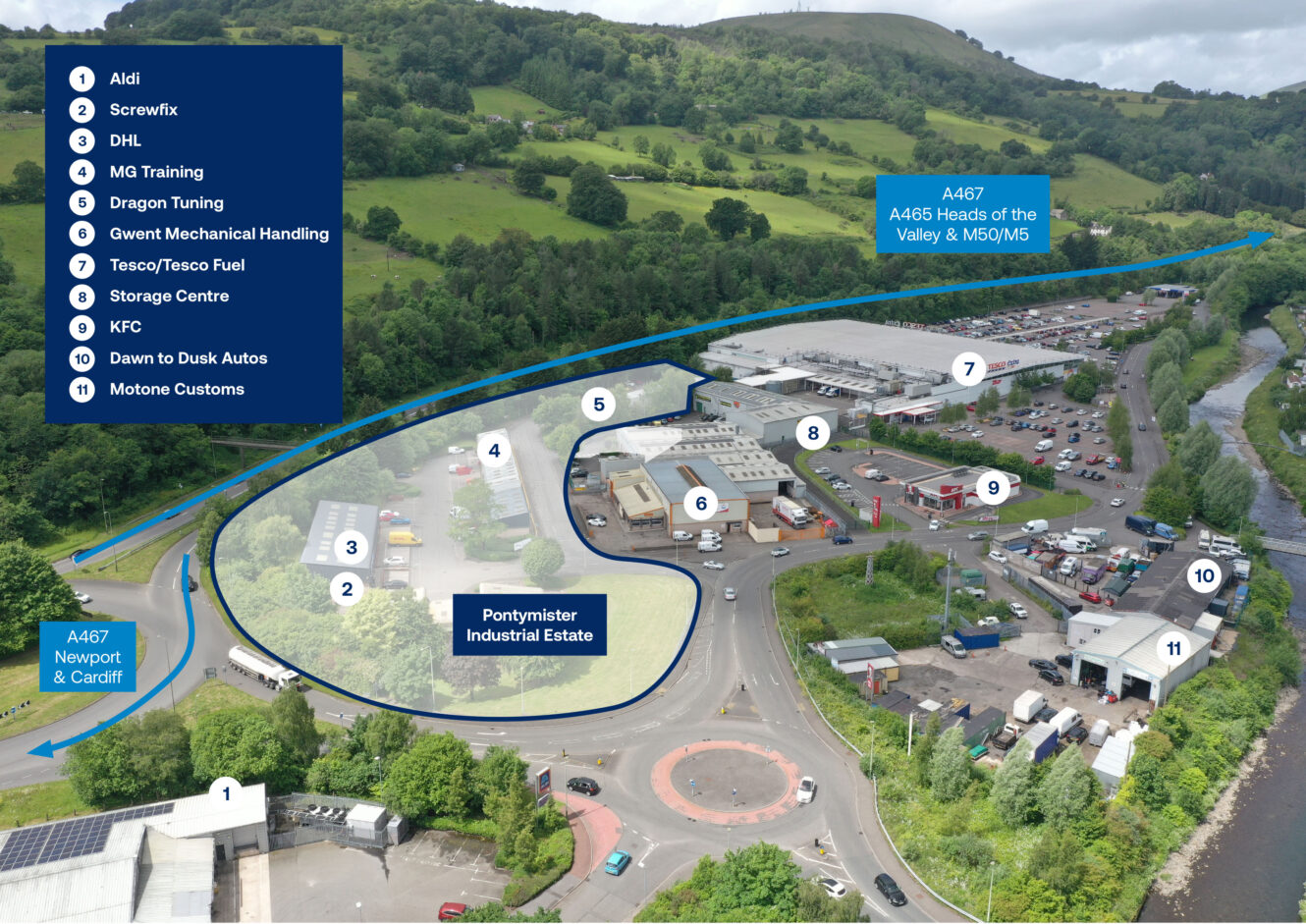 Aerial view of Pontymister Industrial Estate with numbered locations and businesses labeled, surrounded by roads, greenery, and a river.