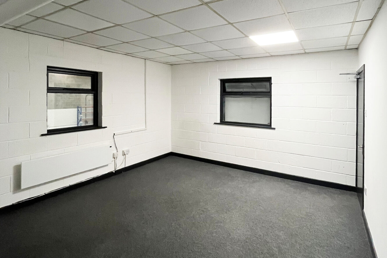 Empty office room with white brick walls, two black-framed windows, a radiator, and a grey carpeted floor. Fluorescent ceiling light is turned on.
