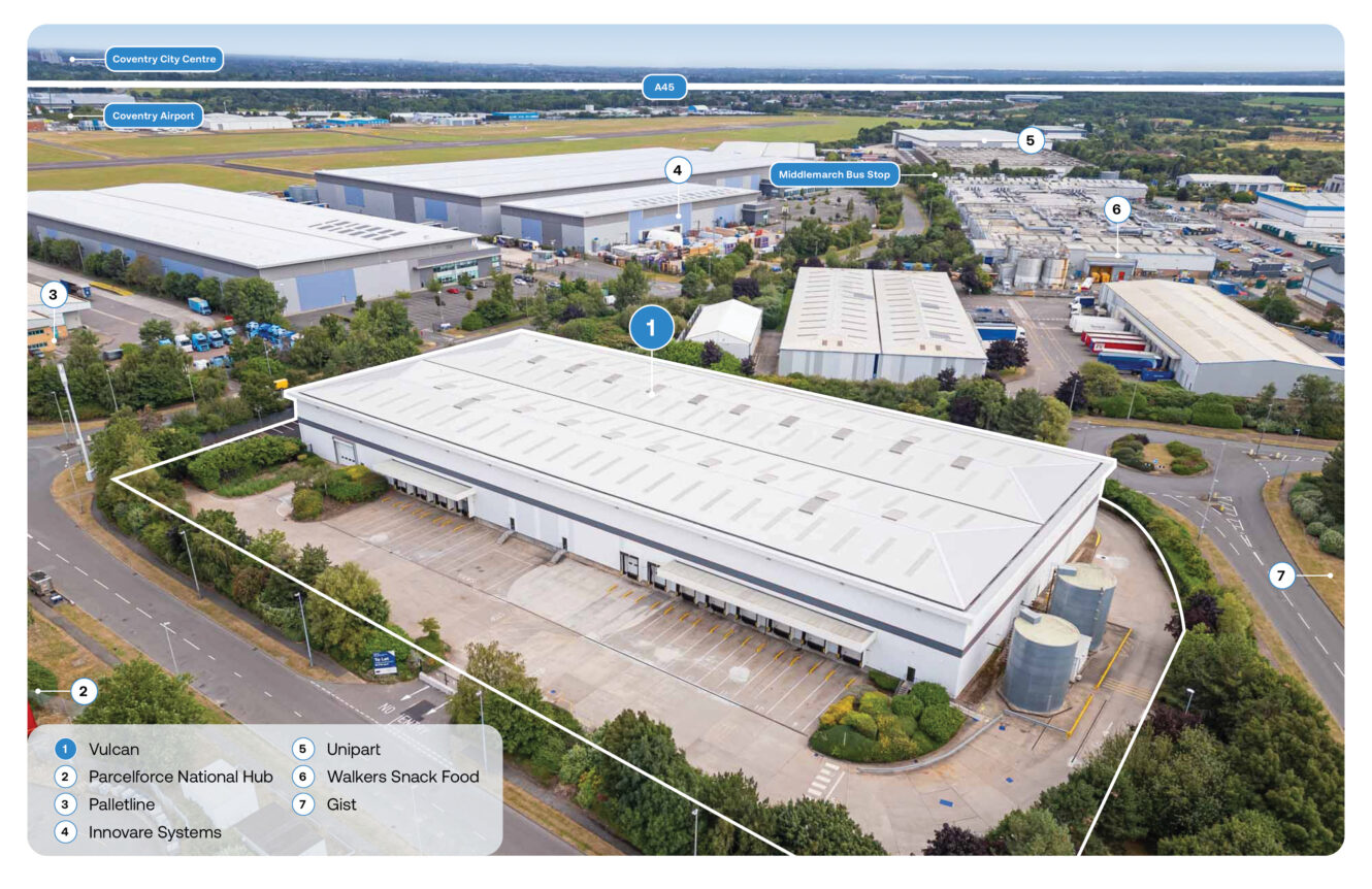 Aerial view of an industrial park with large warehouse buildings, parking areas, roads, and labeled sites for various companies including Vulcan, Palletline, and Unipart.