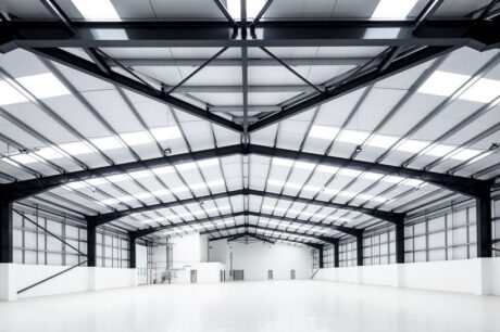 Large empty warehouse with high ceilings, exposed steel beams, and white walls, illuminated by natural light through translucent roof panels.