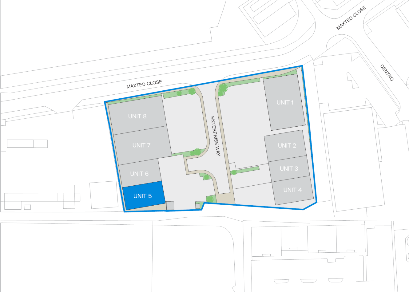 Site plan showing eight units arranged around Enterprise Way, with Unit 5 highlighted in blue and the entrance from Maxted Close at the top.