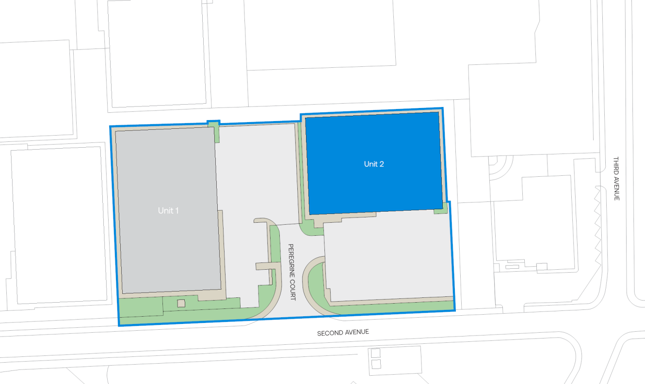 Site map showing two labeled buildings, Unit 1 and Unit 2, with driveways and green areas, bordered by Second Avenue and Third Avenue.