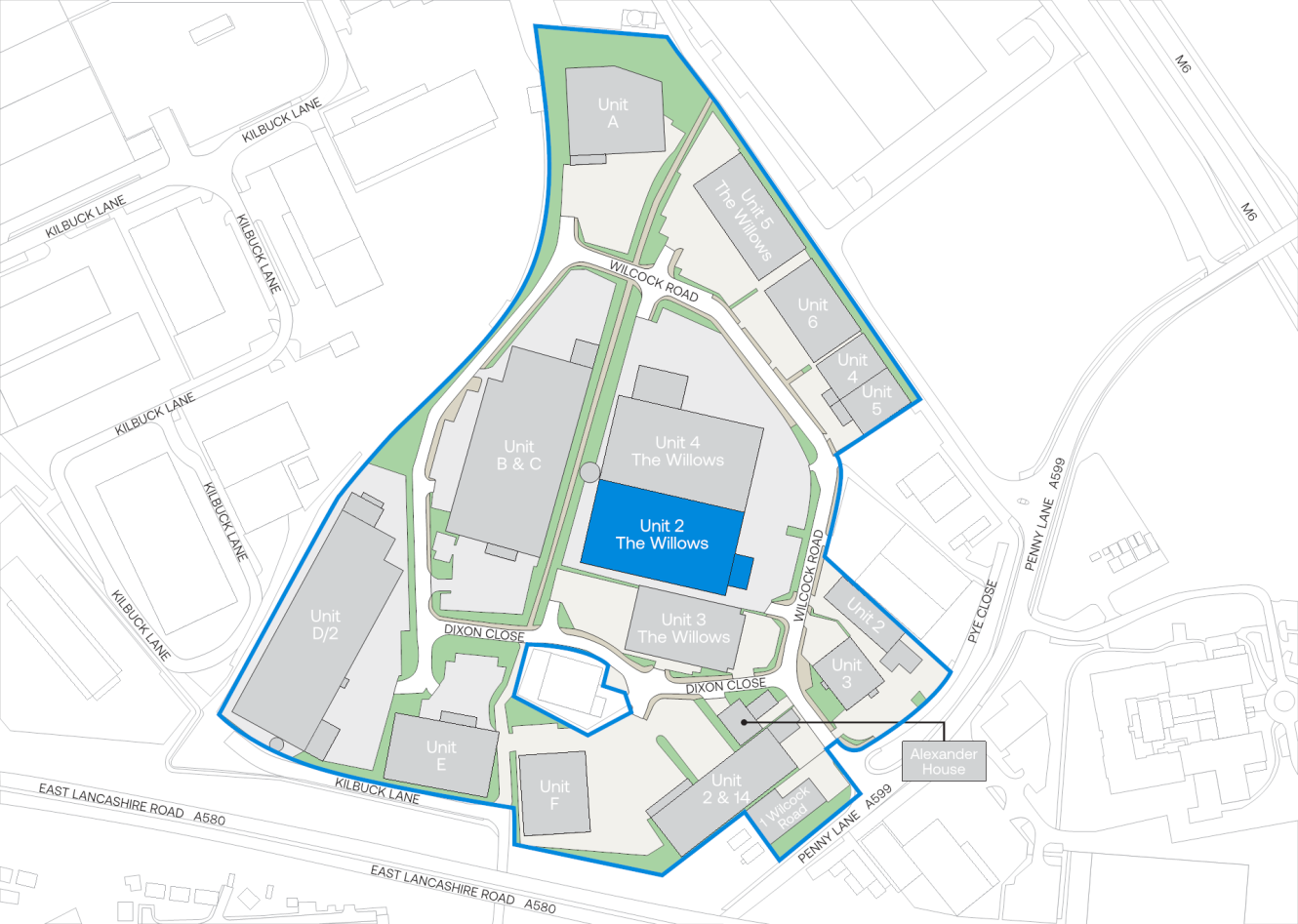 Site map showing labeled units (A, B & C, D1, D2, E, F, 2, 4, The Willows) and surrounding roads, including East Lancashire Road (A580) and Priory Road.