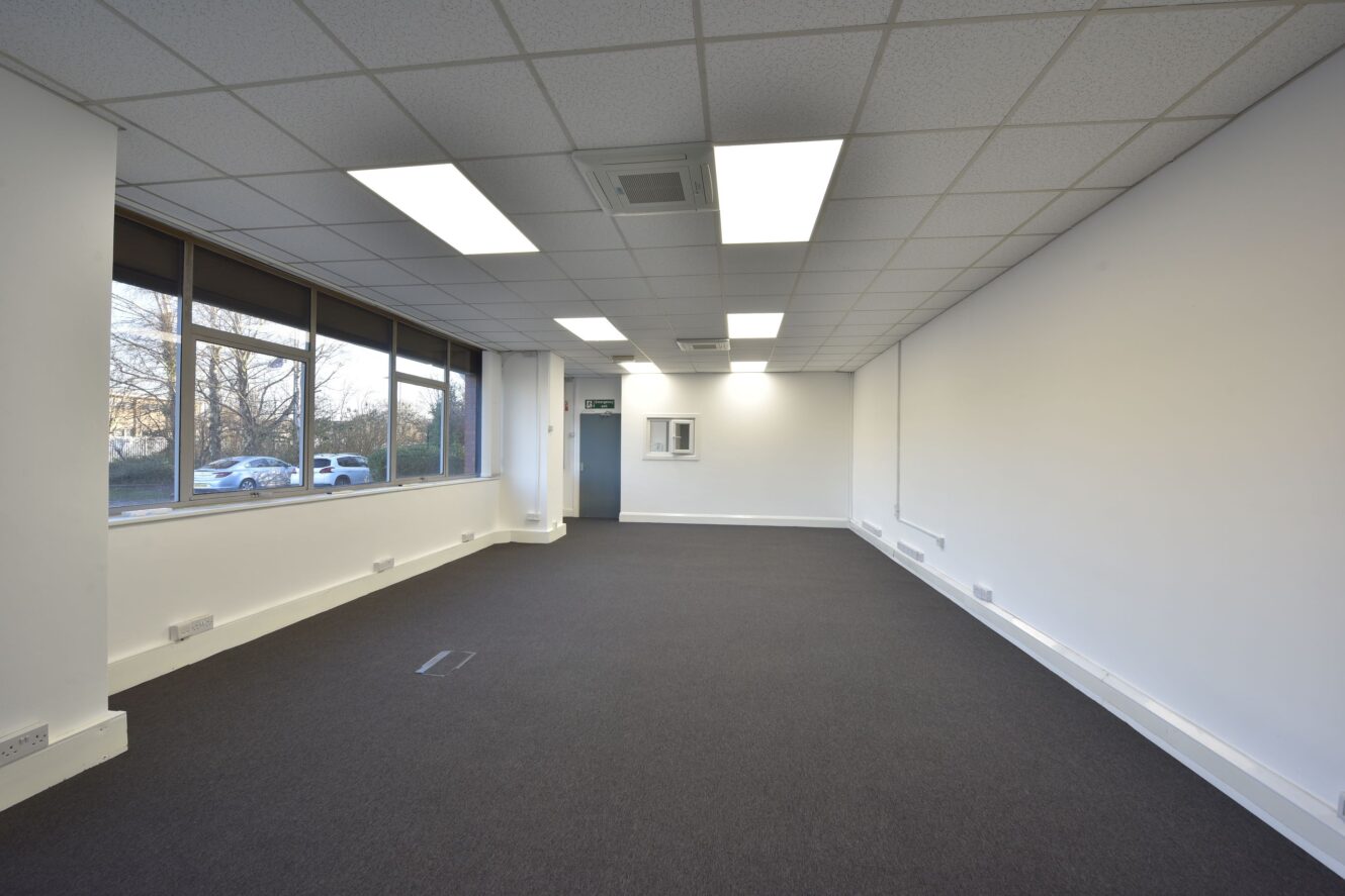 Empty office room with white walls, brown carpet, large windows on one side, and ceiling lights; an exterior view with trees and parked cars is visible through the windows.