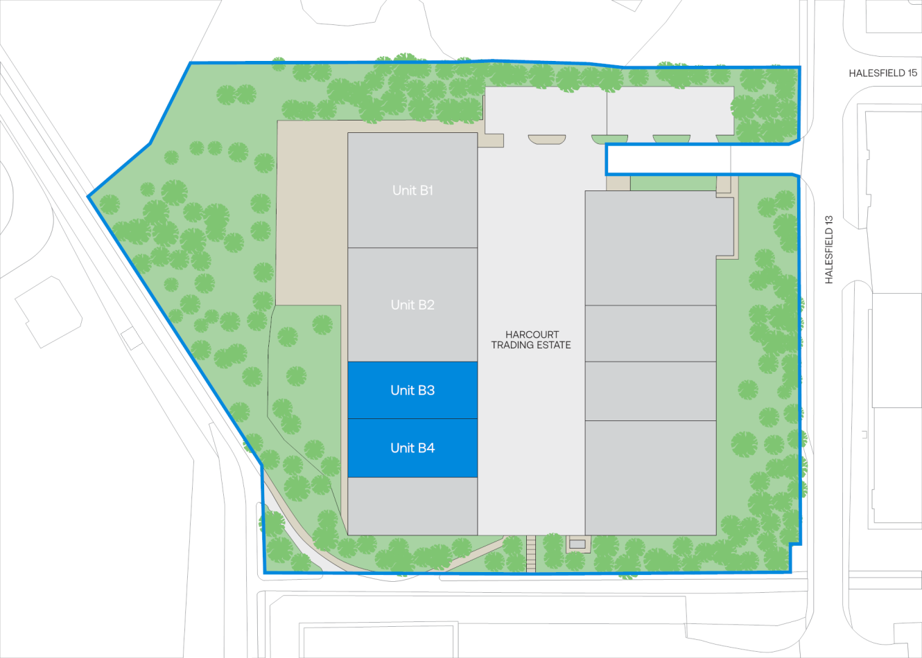 Site plan of Harcourt Trading Estate, highlighting Units B3 and B4 in blue, with other units and green landscaping visible around the building layout.