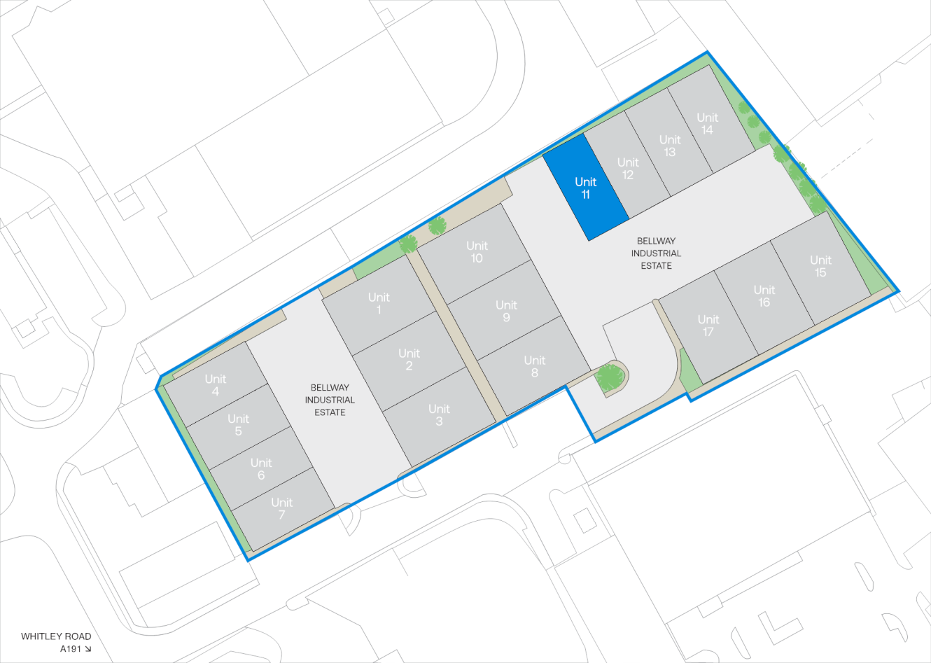 Site map of Bellway Industrial Estate showing 15 units outlined, with Unit 11 highlighted in blue near the top center of the layout.