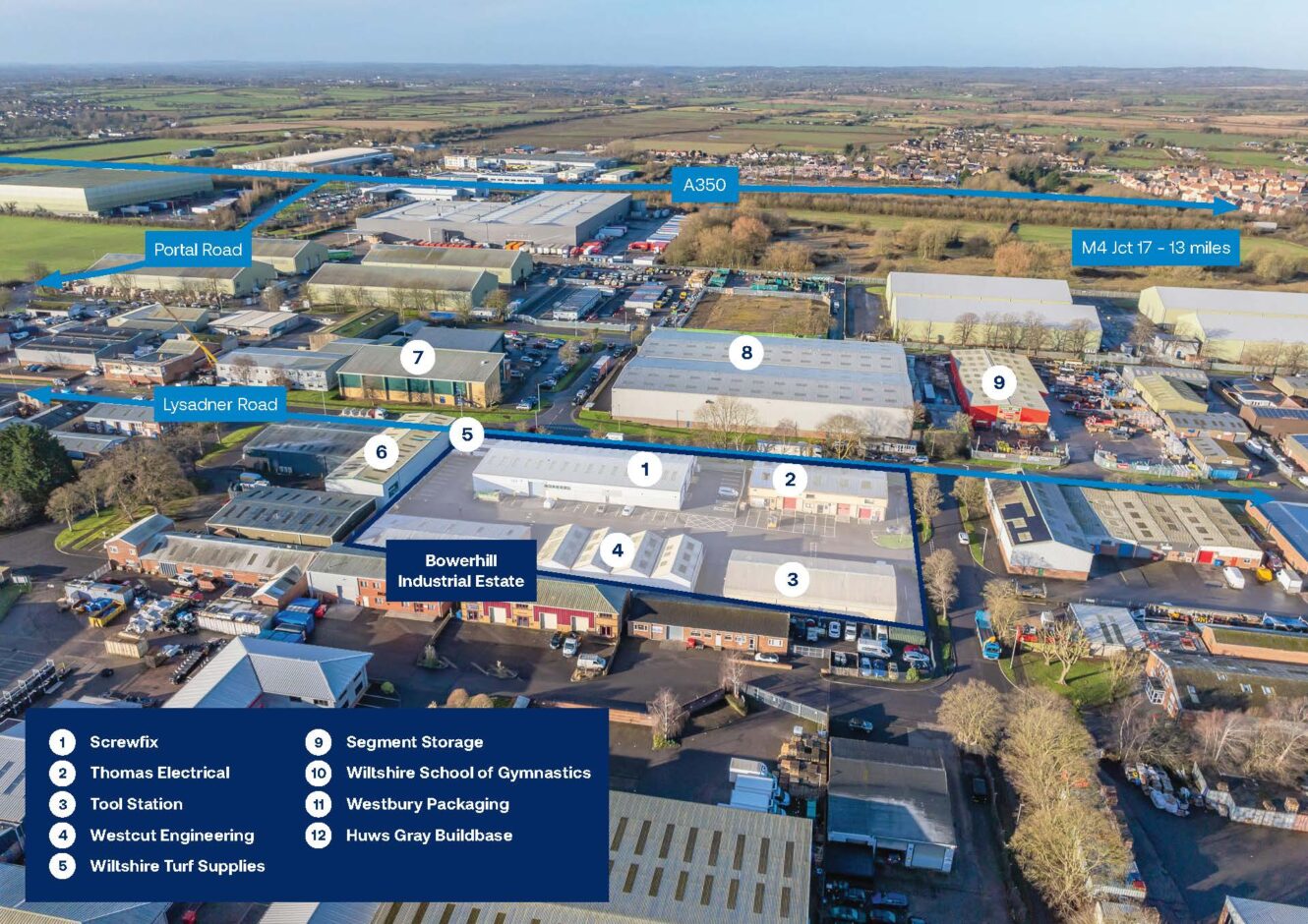 Aerial view of Bowerhill Industrial Estate with labeled businesses, roads, and distance markers to A350 and M4 Jct 17; surrounding buildings and landscape visible.