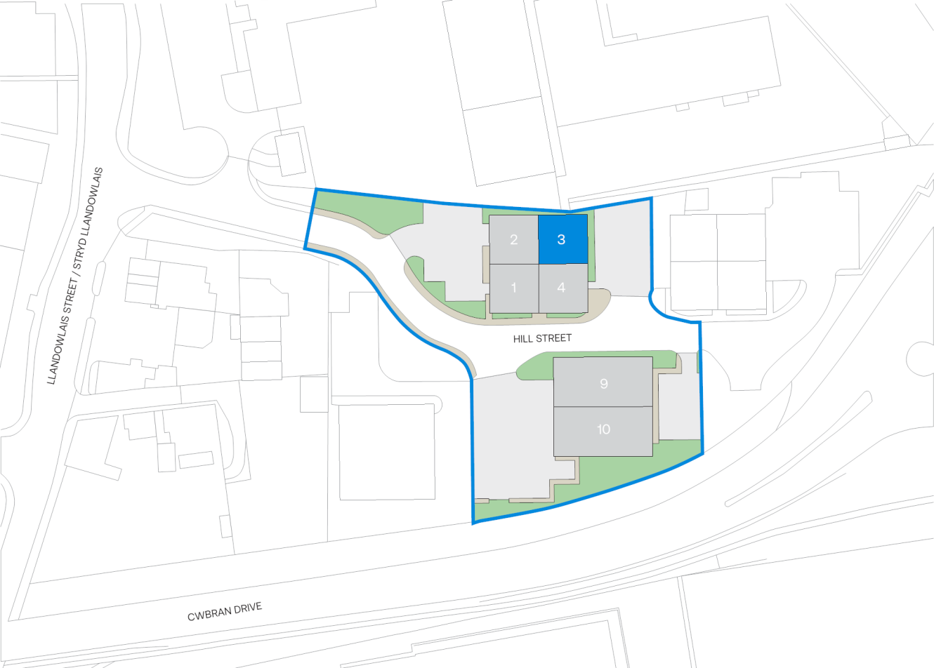 Site map showing outlined property boundaries with several numbered buildings (1–4, 9, 10) along Hill Street, bordered by Llanodol Street and Cwbran Drive.