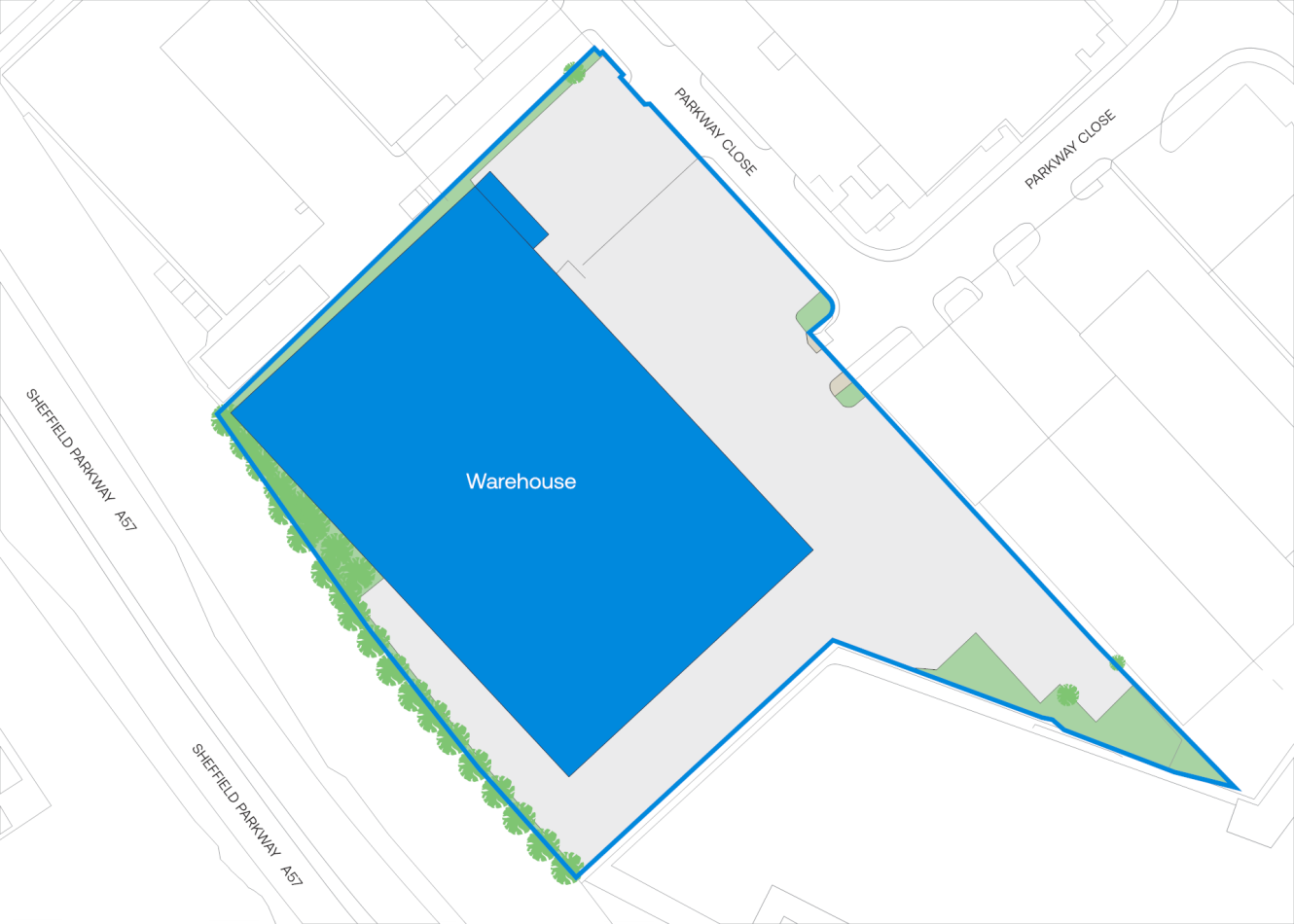 Map showing a large blue-shaded warehouse building, labeled Warehouse, within a defined property boundary along nearby roads and green areas.