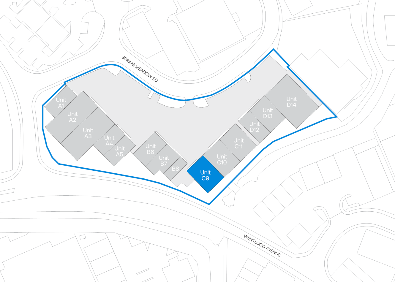 Site map highlighting Unit C9 in blue, with surrounding units labeled and borders marked by a blue outline. Main roads Anno Maccab Road and Wenlock Avenue are shown.