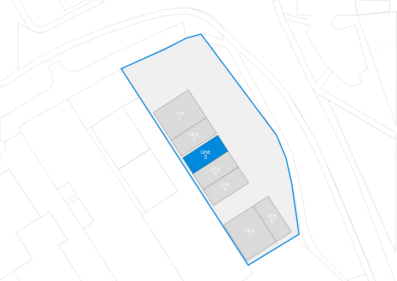 A site map shows six labeled units in a complex, with Unit 3 highlighted and the overall site boundary outlined in blue.