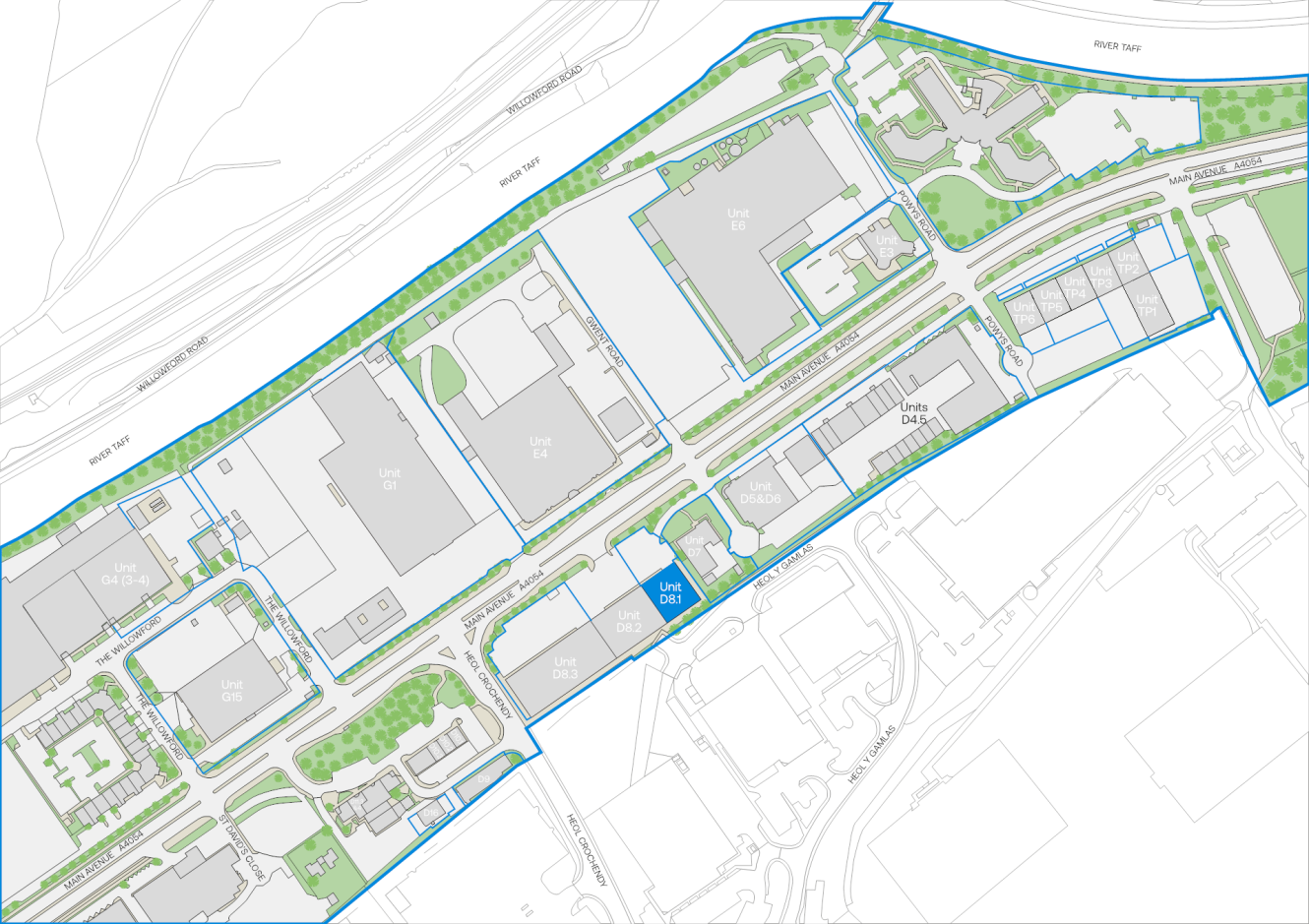 A detailed site map showing multiple buildings, roads, green spaces, parking areas, and property boundaries marked with blue outlines.