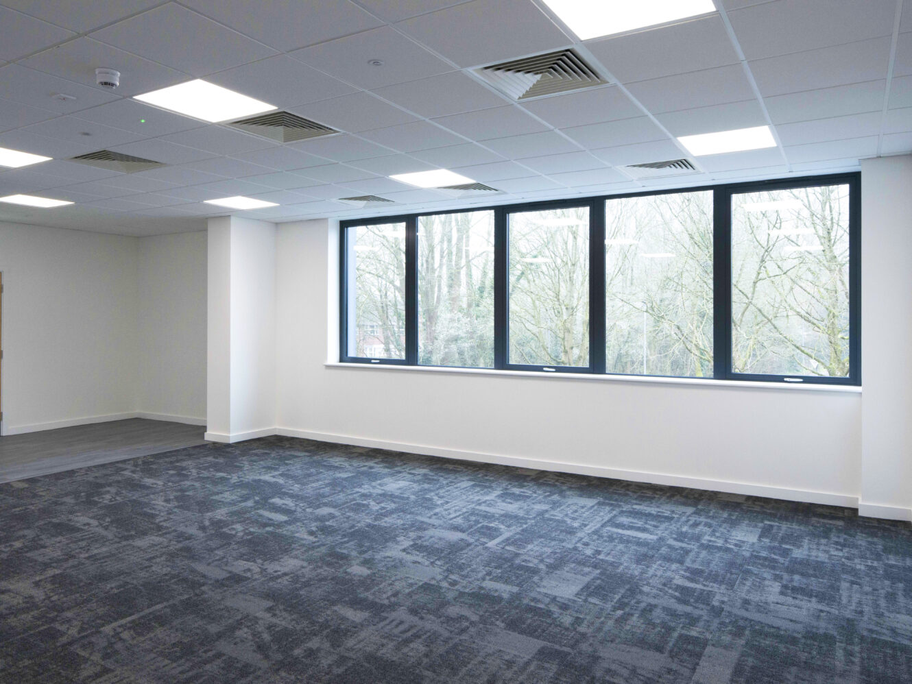 Empty office space with gray carpet, white walls, ceiling lights, and large windows overlooking trees.