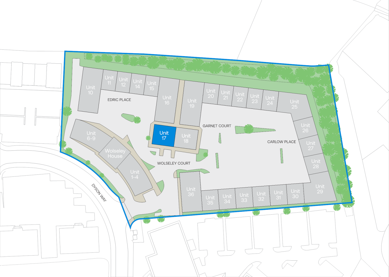 Site plan map showing various labeled residential units arranged around three courts: Ebric Place, Garret Court, and Carlow Place. Unit 17 is highlighted in blue at the center.