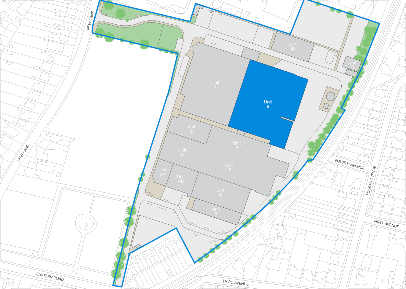 A site map showing multiple units labeled 1 to 9, with Unit 9 highlighted in blue. Streets and adjacent areas are labeled, and green trees line some boundaries.