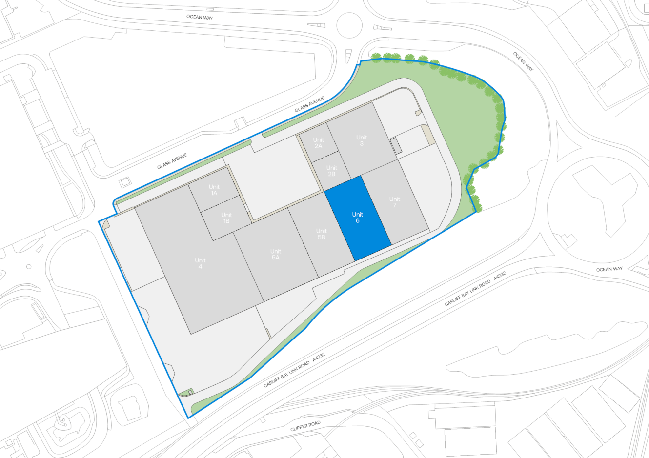 Site plan showing multiple labeled units within a building complex; Unit 6 is highlighted in blue. Surrounding roads and green areas are also visible.