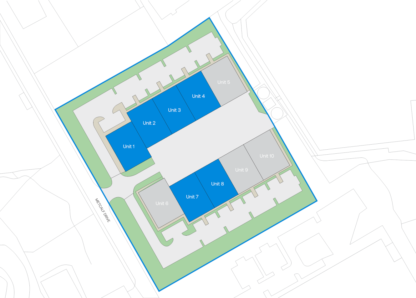 Site plan showing a rectangular building with ten labeled units; units 1, 2, 4, 7, and 8 are highlighted in blue, with surrounding roads and pathways visible.