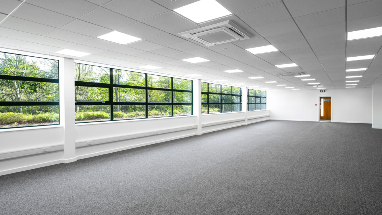 Empty modern office space with large windows, gray carpet, white walls, and ceiling lights. Greenery is visible outside through the windows.
