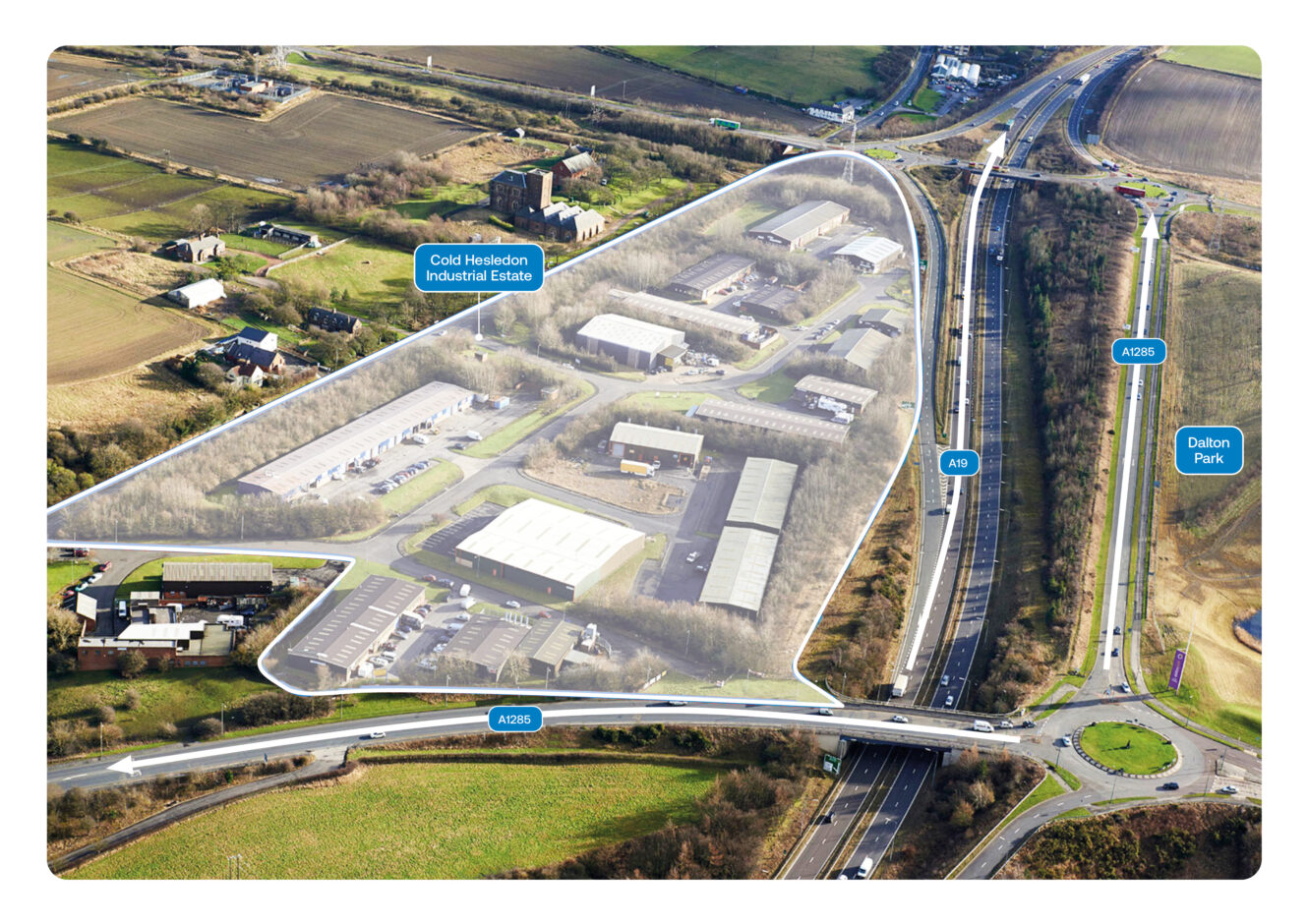 Aerial view of Cold Hesledon Industrial Estate outlined, situated near major roads including the A19, A182, and A1086, surrounded by fields and scattered buildings.