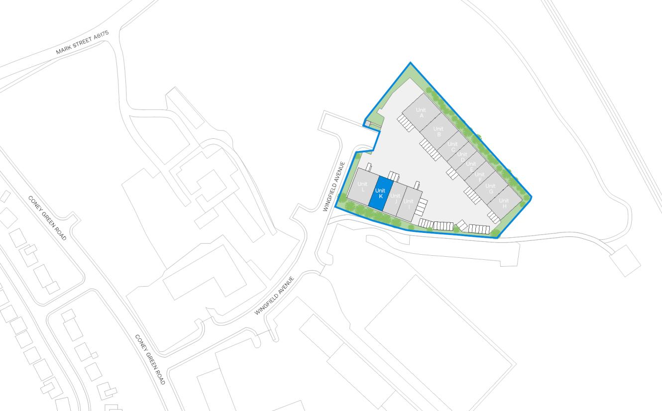 Site map highlighting a triangular building complex with labeled units, parking spaces, and surrounding roads. Main access roads and adjacent buildings are also outlined.
