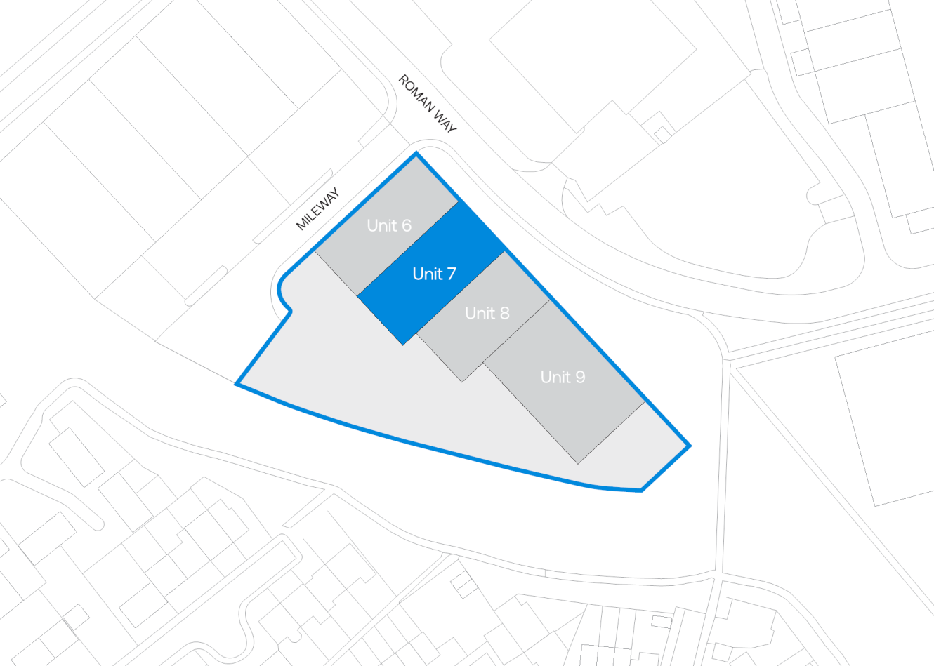 A site map shows three highlighted units—Unit 6, Unit 7, and Unit 9—within a marked property boundary at the intersection of Roman Way and Mill Way.