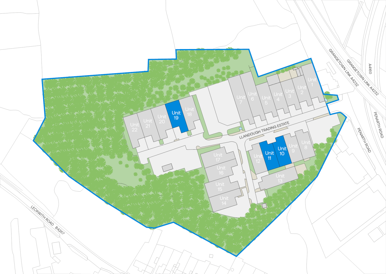 A site map shows Llandough Trading Estate bordered by trees. Several units are highlighted in blue and numbered. Roads and railway lines are visible around the estate.