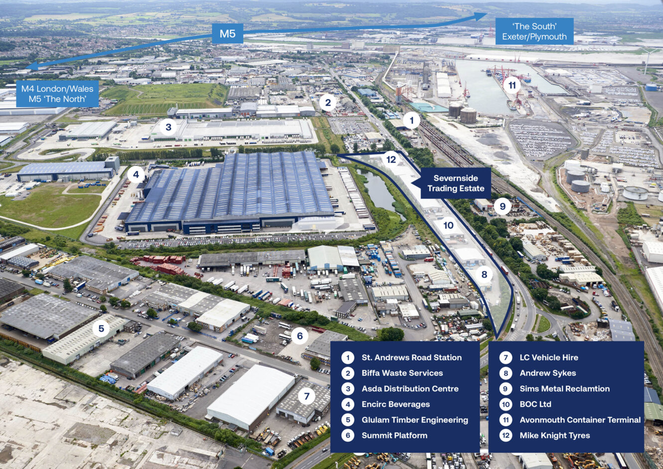 Aerial view of Severnside Trading Estate with numbered labels identifying businesses and locations, near the M5 motorway and Avonmouth Container Terminal.