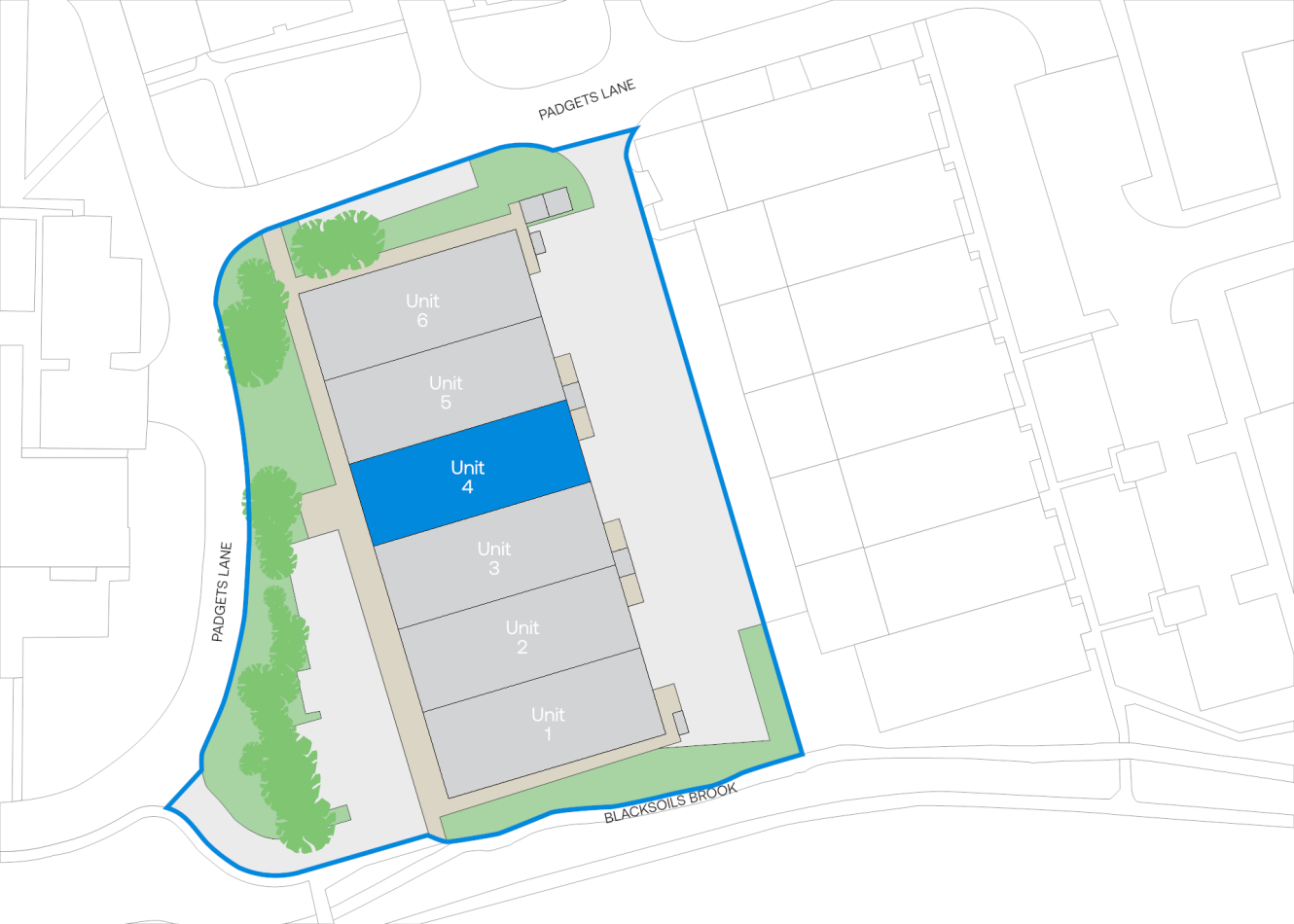 Site plan showing six units in a rectangular block; Unit 4 is highlighted in blue. Site borders Padgets Lane and Blackslisle Brook, with trees along Padgets Lane.