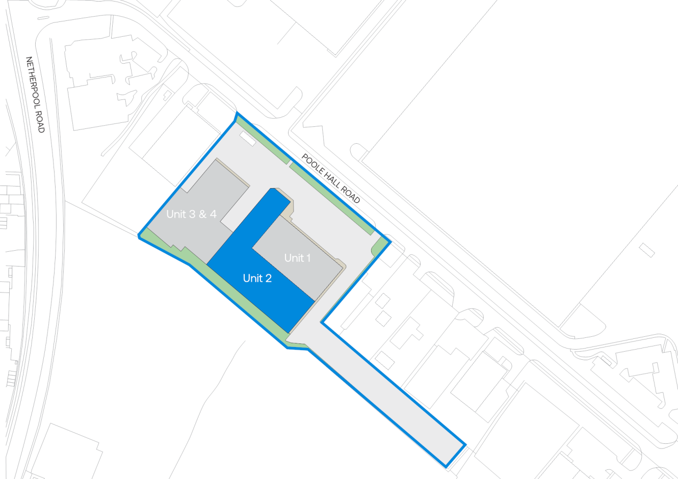 Site map showing the layout of Unit 1, Unit 2, and Units 3 & 4 near Poolhall Road and Newhampton Road, highlighted in different shades.