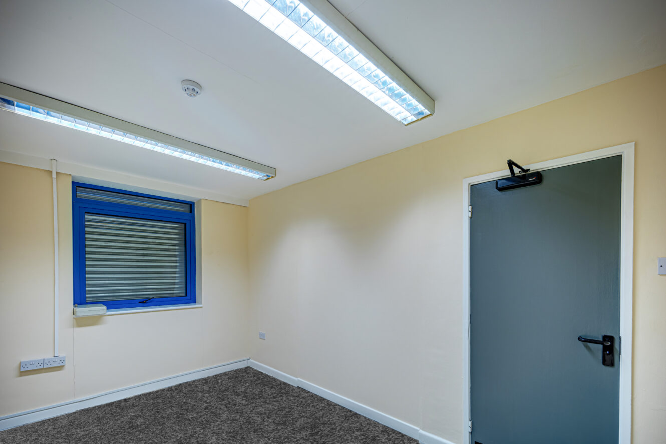 Empty room with cream-colored walls, gray carpet, a blue-framed window with a closed blind, and a gray door with a black handle and door closer. Fluorescent ceiling lights are on.