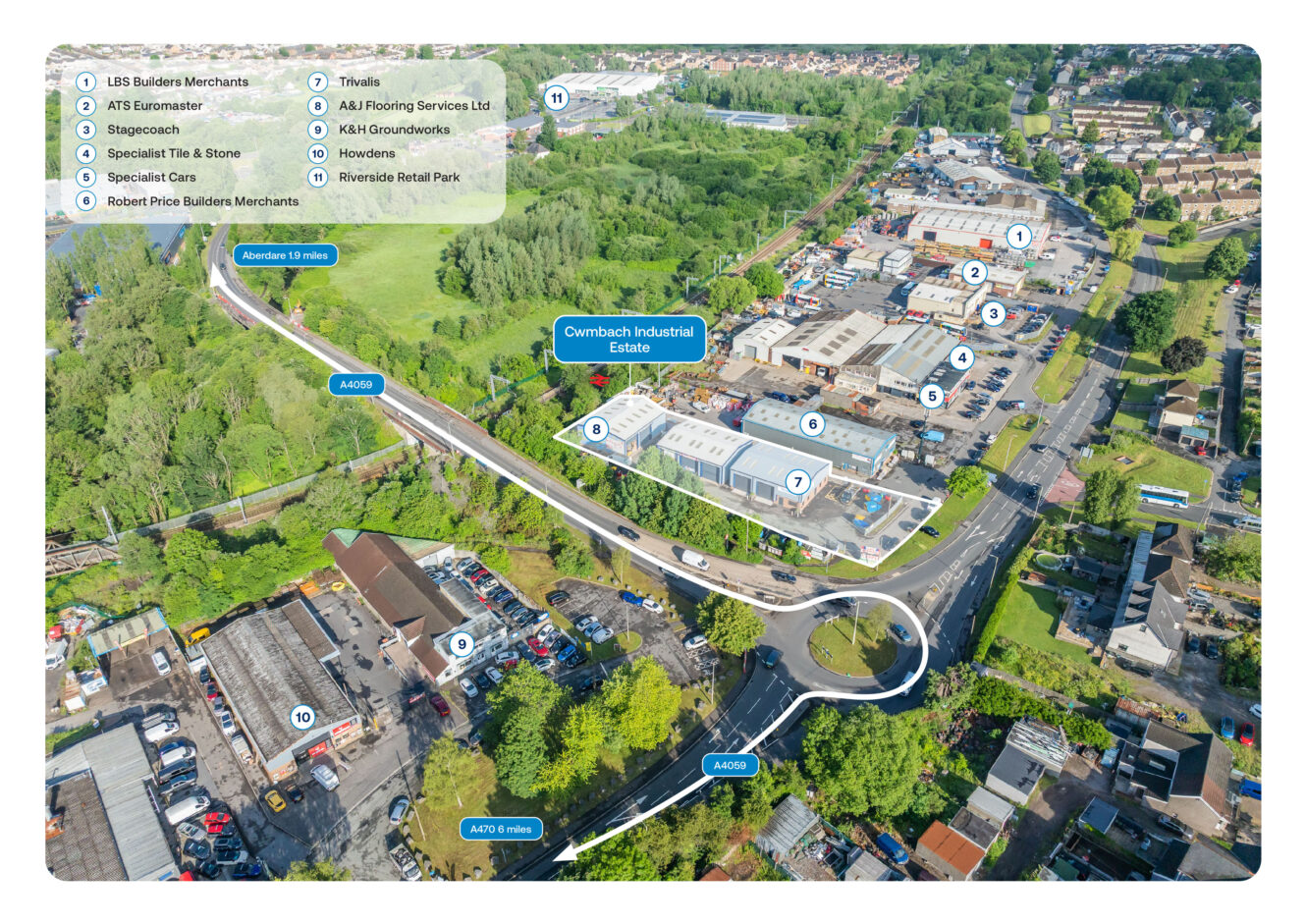Aerial view of Ownbanch Industrial Estate showing labeled businesses, roads, green spaces, and nearby buildings in a suburban area.