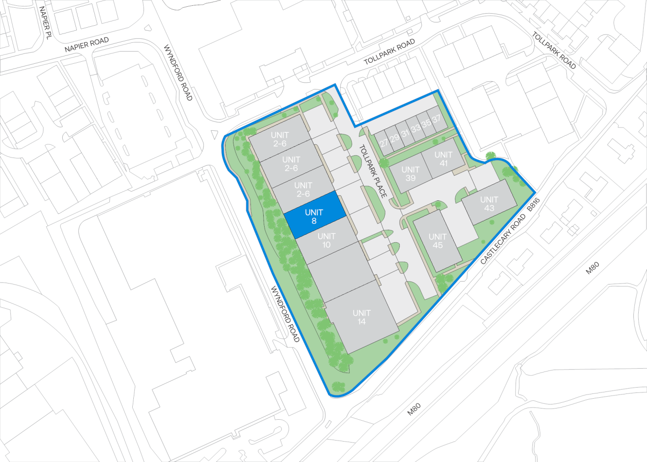 Site map highlighting Unit 8 in blue within a development of multiple units, bordered by Tollpark Road, Castlecary Road, and Glasgow Road.