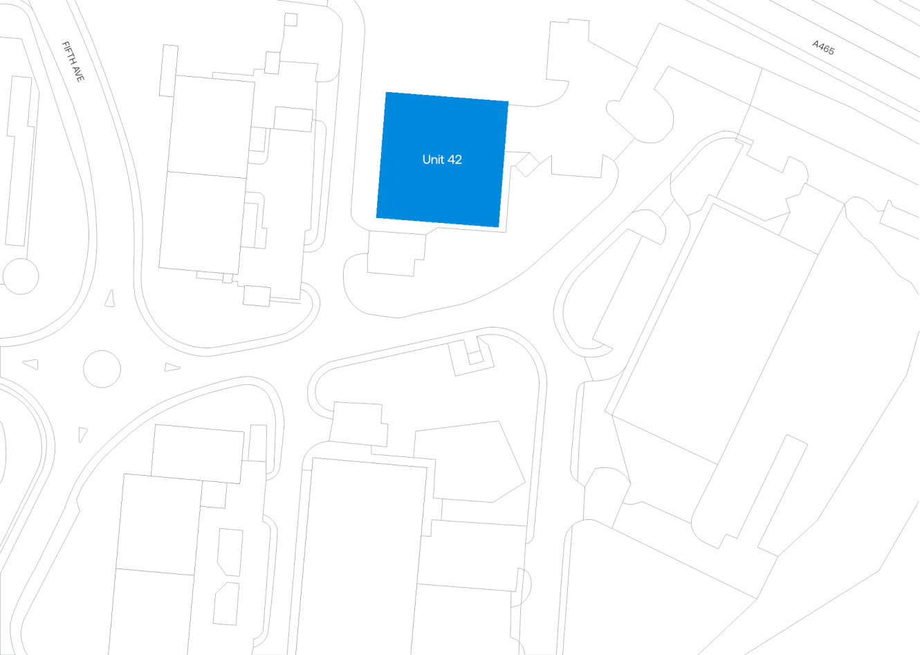 A map with several buildings outlined; one building labeled “Unit 42” is highlighted in blue at the center.