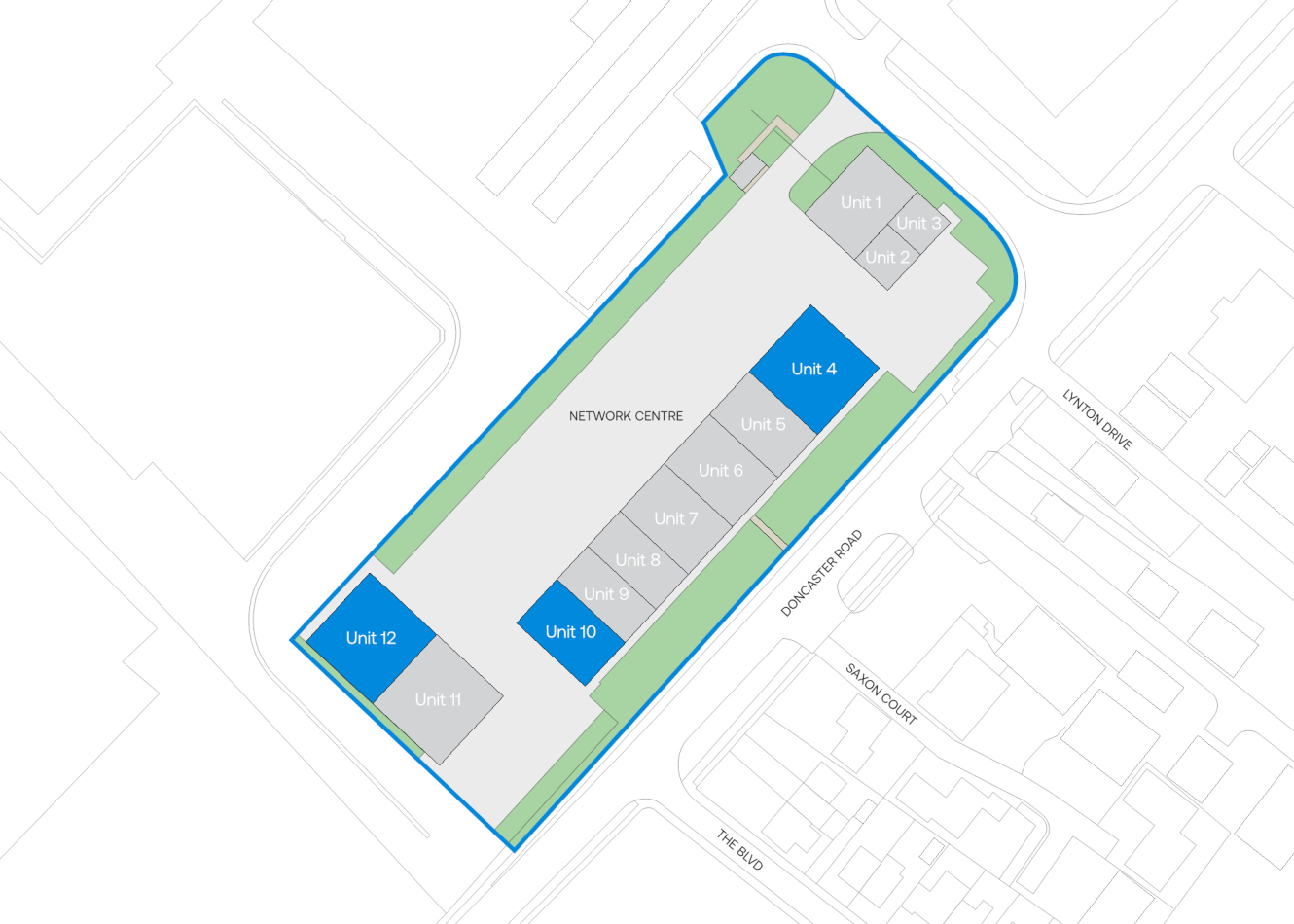 Site map showing a rectangular network centre with ten labeled units, four highlighted in blue, surrounded by roads and adjacent buildings.