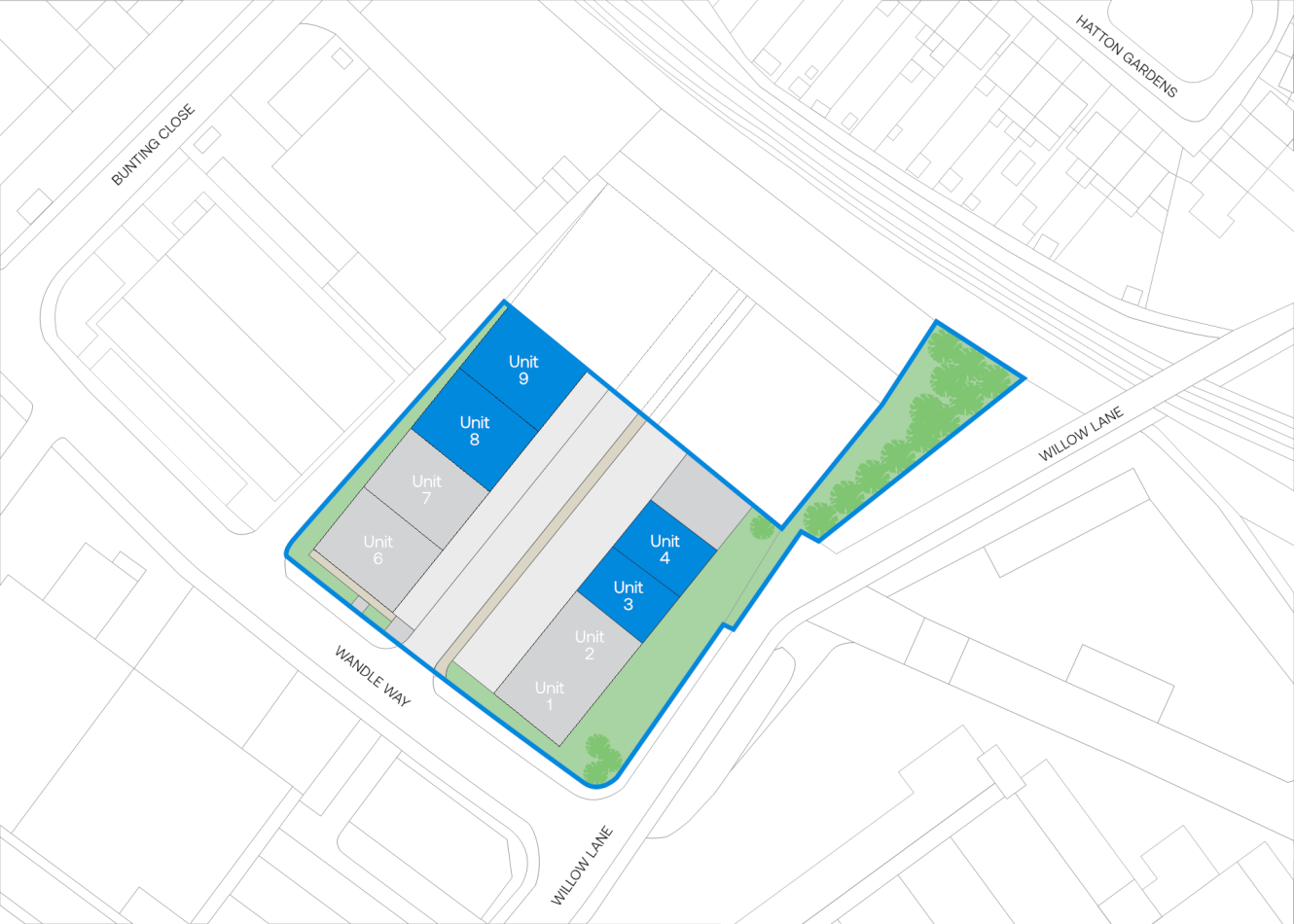 Site plan showing six labeled units (1–6, 9) in a development bordered by Wallace Way and Wallon Vale, with surrounding roads and green areas outlined.