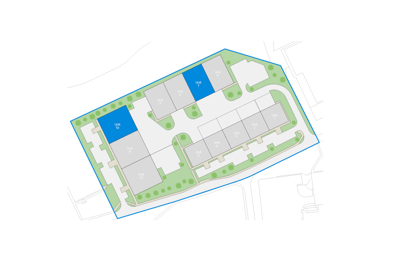Site plan showing multiple labeled units, green landscaped areas, pathways, and parking spaces, all outlined within a blue boundary line.