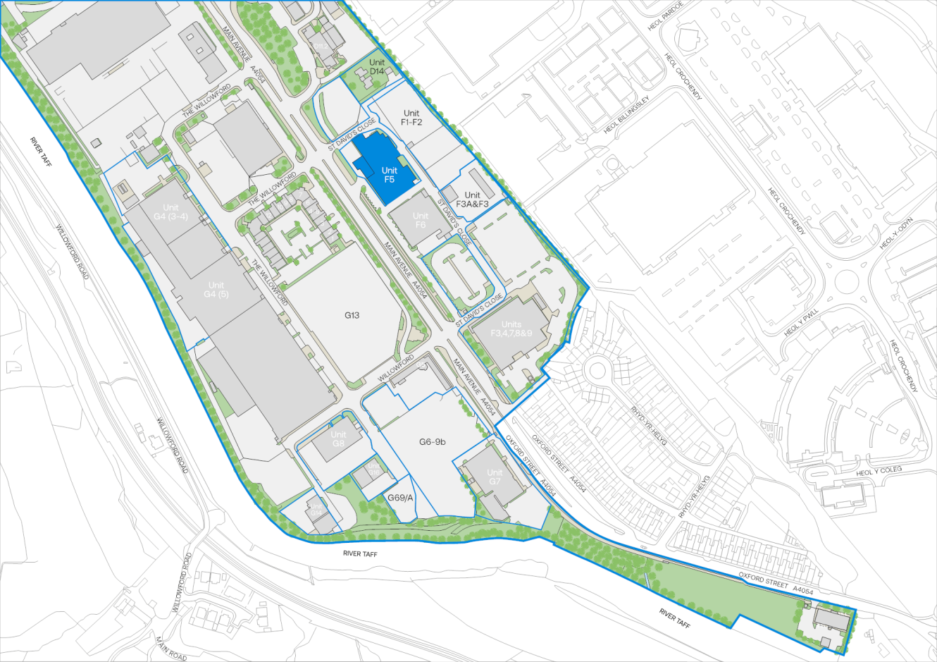 Site map showing multiple buildings, green spaces, parking areas, and pathways; labeled with codes such as G3, E5, and F12; bordered by roads and outlined in blue.